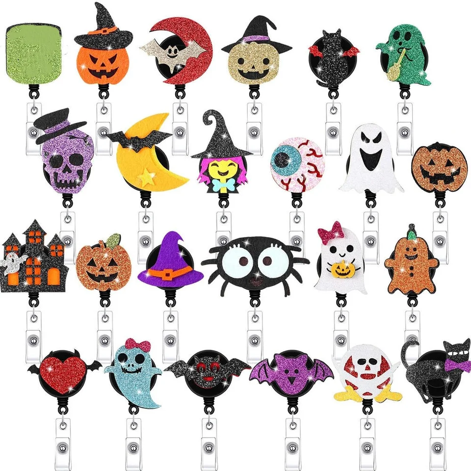 Halloween Felt Bat Pumpkin Skeleton Ghost Black Cat Držiteľ držiak odznaku otáčanie ID odznak navijak darček pre lekárov sestry