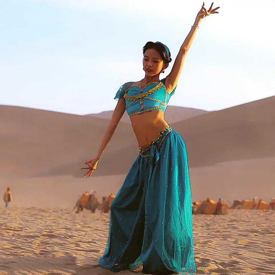 Halloween festival Arabian cosplay princezná Jasmine kostým bruško tanec Indian Bollywood Veil Top Pants Appresory Set Festival