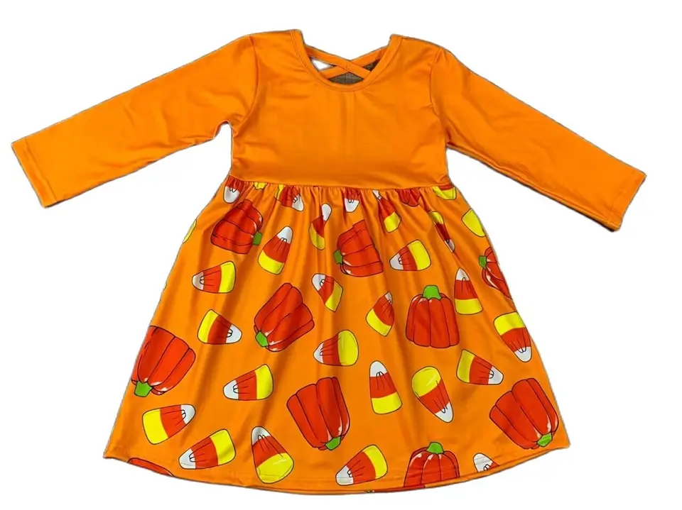 Halloween Girl Dresses Boutique dievčatko oblečenie cukrovinky potlač oranžové s dlhým rukávom Dojča