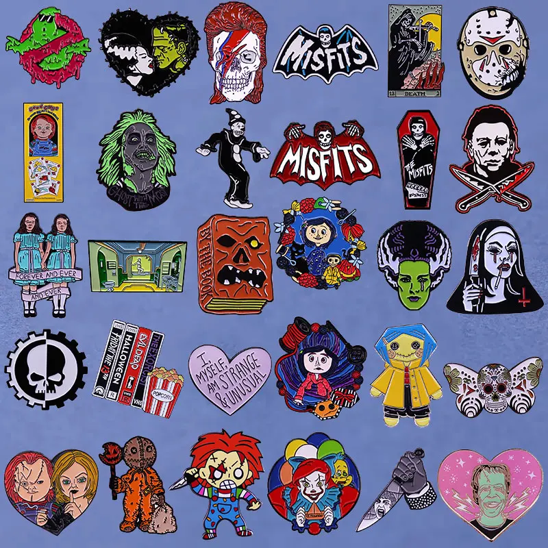 Halloween hororové filmy tvrdé skľučovky zbierajte koralínové kovové karikatúry brožová batohová klobúk vrecko na golier klopne odznaky