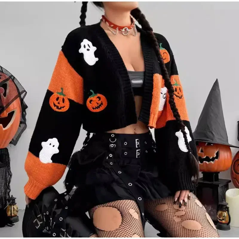 Halloween Knit vyšívacie kardigan ghost pumpkin Pattert Pletená sveter