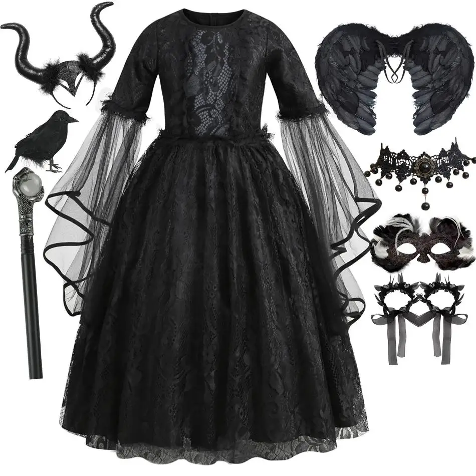 Halloween kostýmy duchovné šaty dievčatá Cosplay zlá kráľovná čierna sieťa princezná šaty Kids Crow Wand Dark Witch