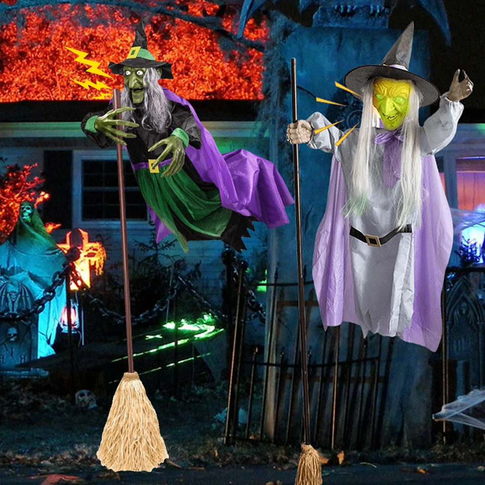 Halloween lietajúca čarodejnica dekorácia mimo hororu strašidelná lietajúca čarodejnica so zvukmi svetlá Záhrada Haunted House Decor Party Prop