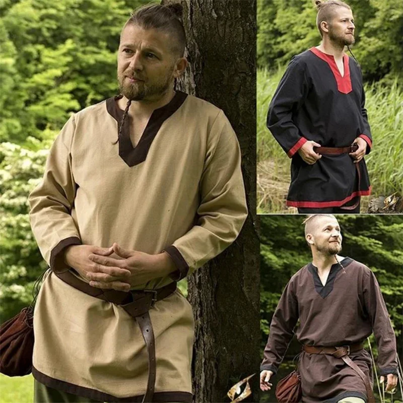 Halloween Men THE THE Stredoveké Vikings Pirát Cosplay kostým s dlhým rukávom voľný rúž Celtics TUNIC Warrior Knight Top Sasko blou v