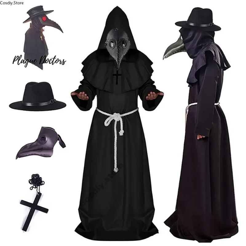 Halloween morový doktor kostým Stredoveké kapucňa šaty maska ​​klobúk Past minister Monk cosplay outfit outfit karneval punk pre mužov dospelých