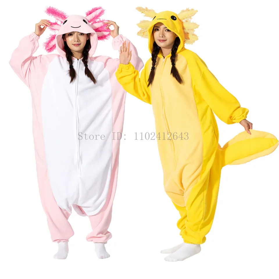 Halloween onesie pre ženy pre mužov dospelé dieťa zviera Kigurumis pyžamy karikatúra žltá ružová ružová axolotl pyžama domáce oblečenie Cosplay kostým Cosplay