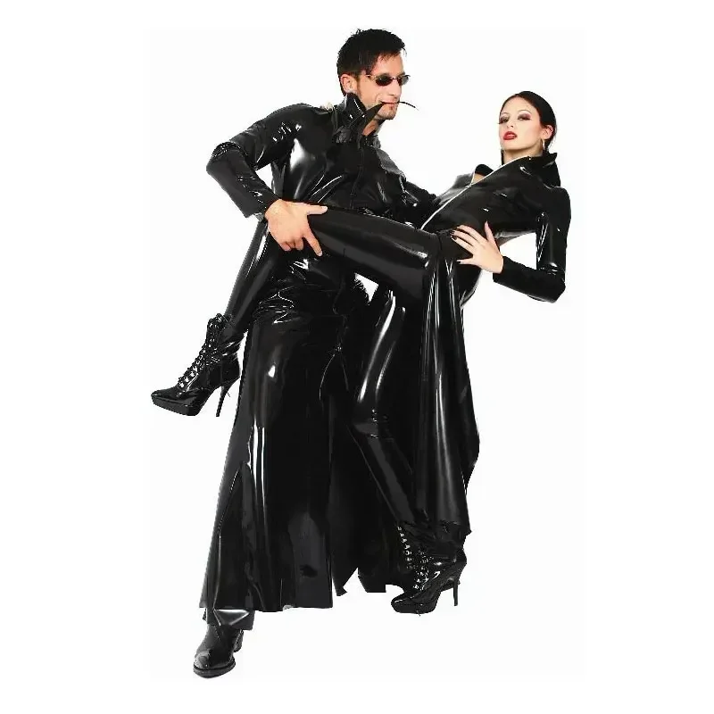 Halloween Party Cosplay gotické unisex sexy lesklé PVC Catsuit latex faux kožené kožené dlhé kabáty výkopy Klub