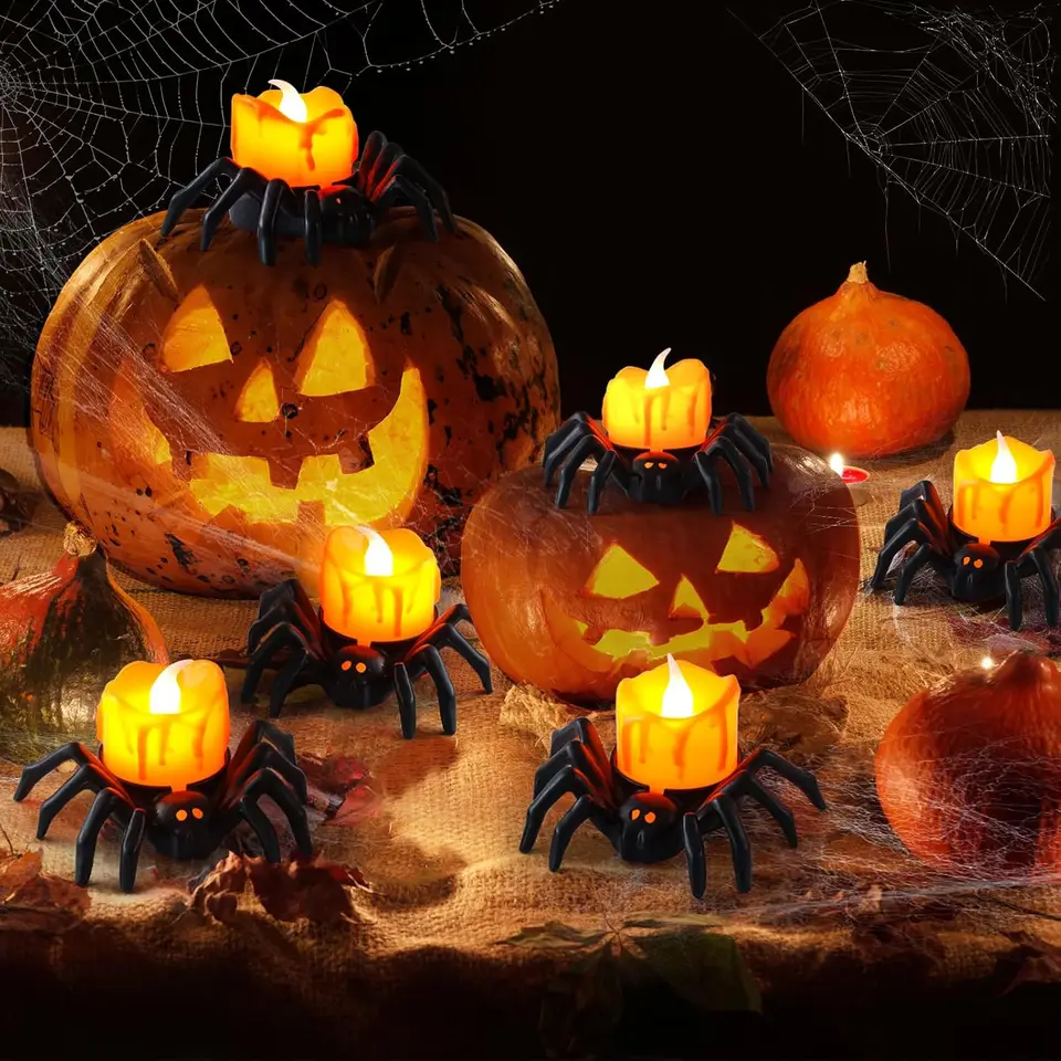 Halloween pavúky sviečky, halloween oranžové bezprúdové sviečky LED svetlá Halloween Lights Holiday Decoration Lights F