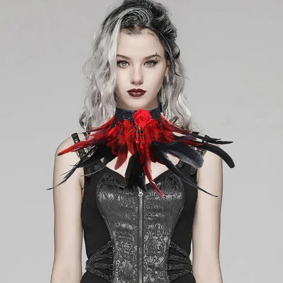 Halloween Performance Party Play Roly Ornament Ornament Red Feather Black Lace Prívesok Náhrdelník Gotický šál
