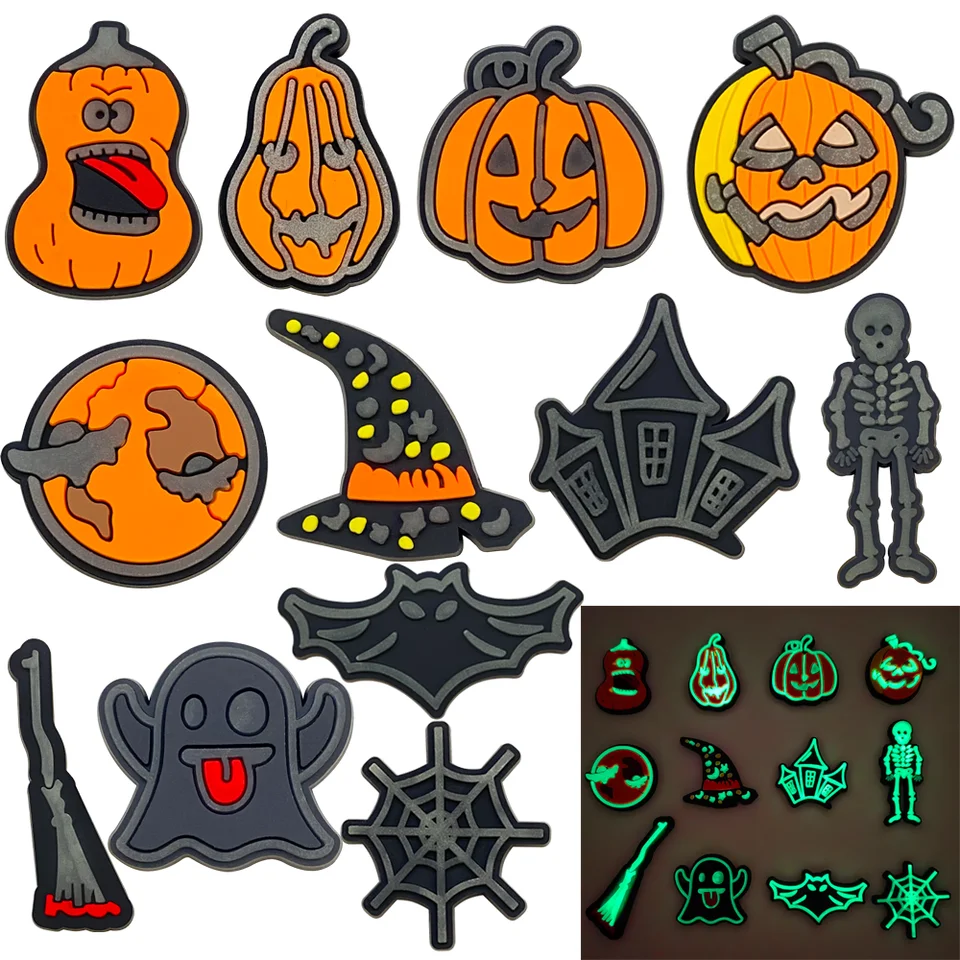 Halloween Pumpkin Ghost Bat Fluorescence Shoe Charms pre dreváky sandále dekorácie Doplnky obuvi kúzla pre priateľov darčeky