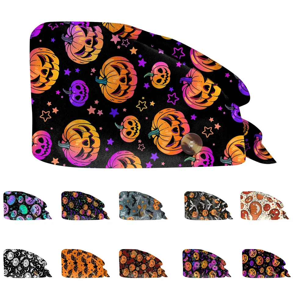 Halloween Pumpkin lebka tlačové čiapky nastaviteľné laboratórne nemocničná starostlivosť Pracovná čiapka pre ženy muži klobúk klobúk sestra Medical Scrub Caps