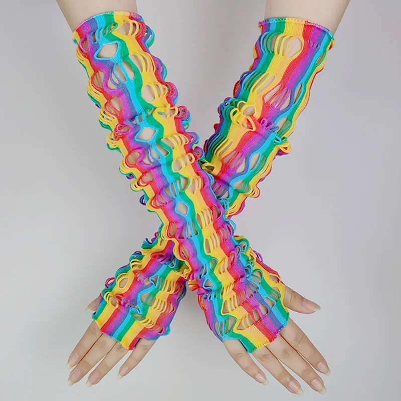 Halloween Rainbow Stripe Sexy duté rybárske siete Cosplay cosplay ženský dlhý nočný klub Performance Punk Half Finger Rukavice