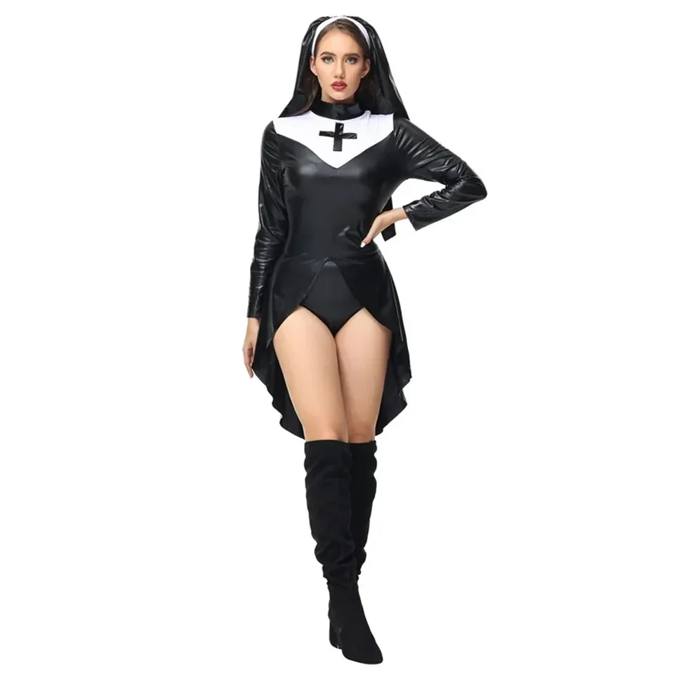 Halloween Sexy Nun Faux Leather Bad Naughty Nun Roleplay Fancy Dress