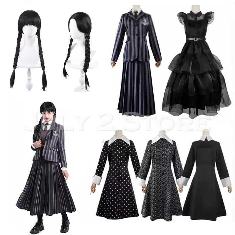 Halloween Streda Cosplay Addams kostýmy Čierne gotické tanečné šaty uniformy parochne dievčatá Outfits Carnival Party