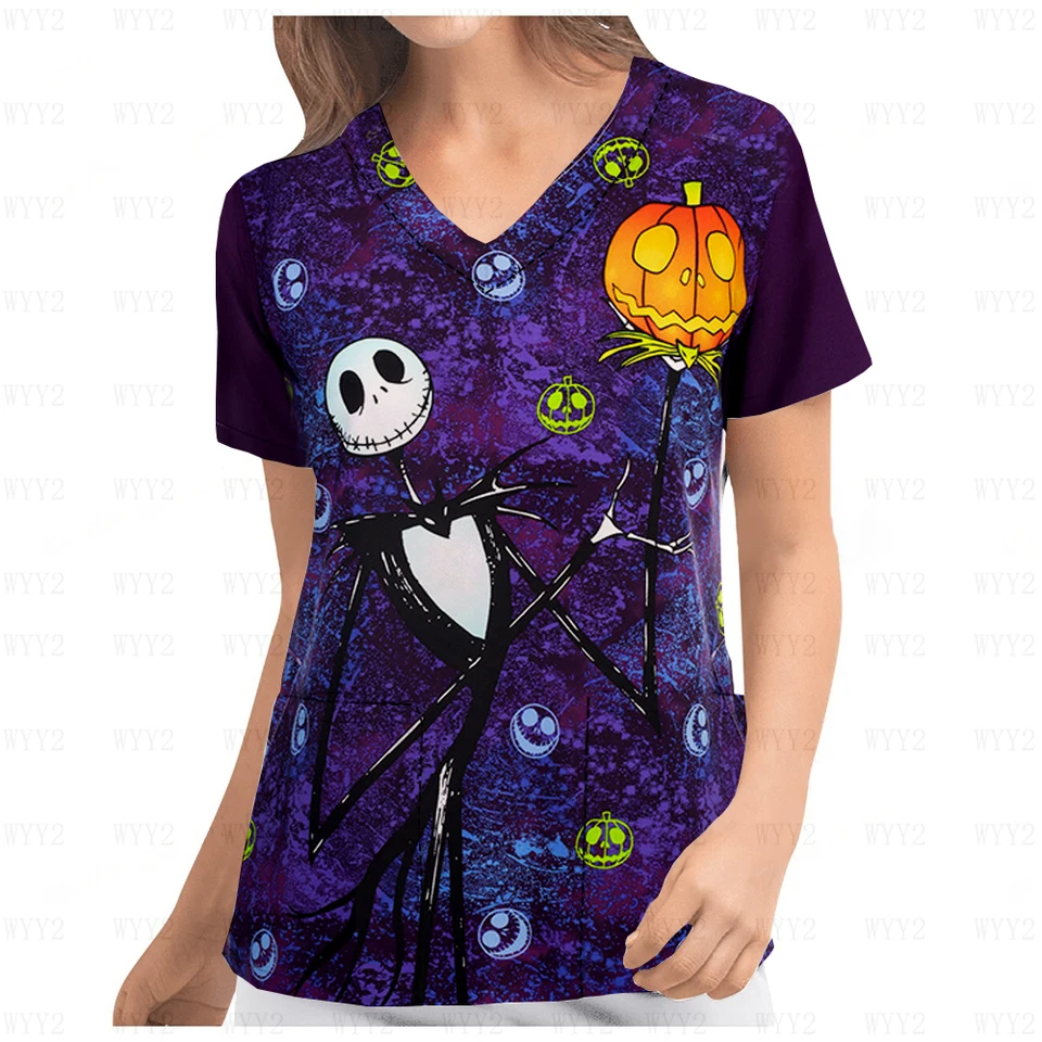 Halloween V-NECK Print Scrub Top Cartoon tlač Disney Dental Beauty Salon Women Dámske vreckové pracovné tričko Uniforma 2024 leto