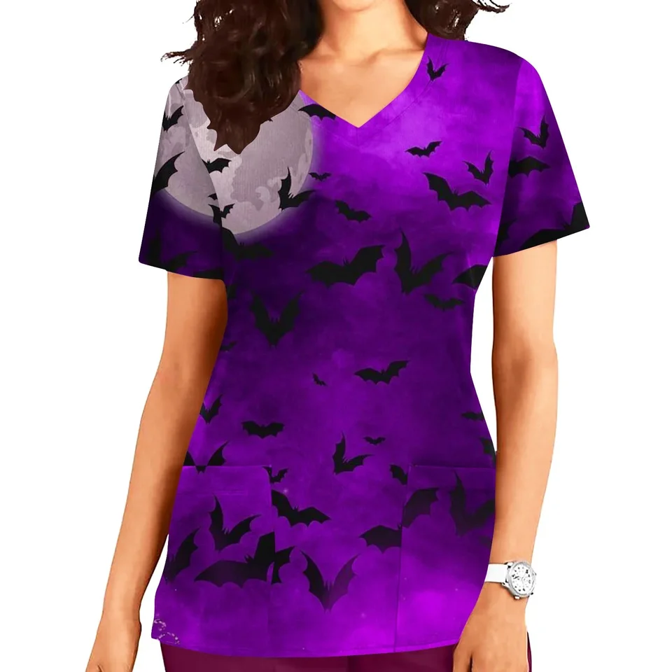 Halloween Womens Dreving Tops Tops Pracovné uniformné letné letné rukávy v krku vrecko na blúzku Tričko Loated ošetrovateľstvo scru