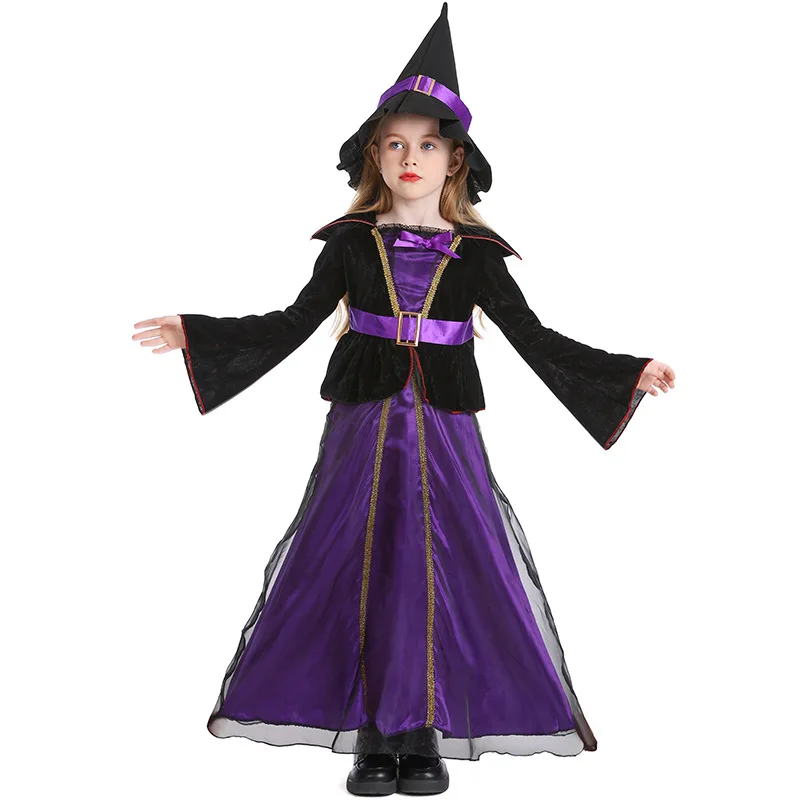 Halloween čarodejnícky kostým pre dievčatá Purpurová čarodejnícka šaty s klobúkom pre deti Halloween Carnival Party sa obliekajú