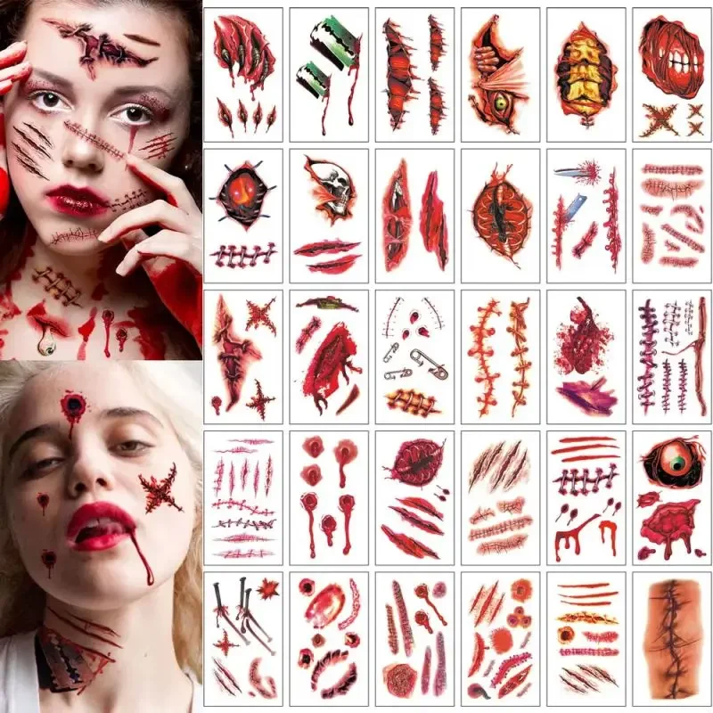 Halloween žartovitý make -up dočasné tetovanie strašidelné halloweenské večierky Krvavé nálepky falošná jazva lebka Monster Dočasná nálepka tetovania