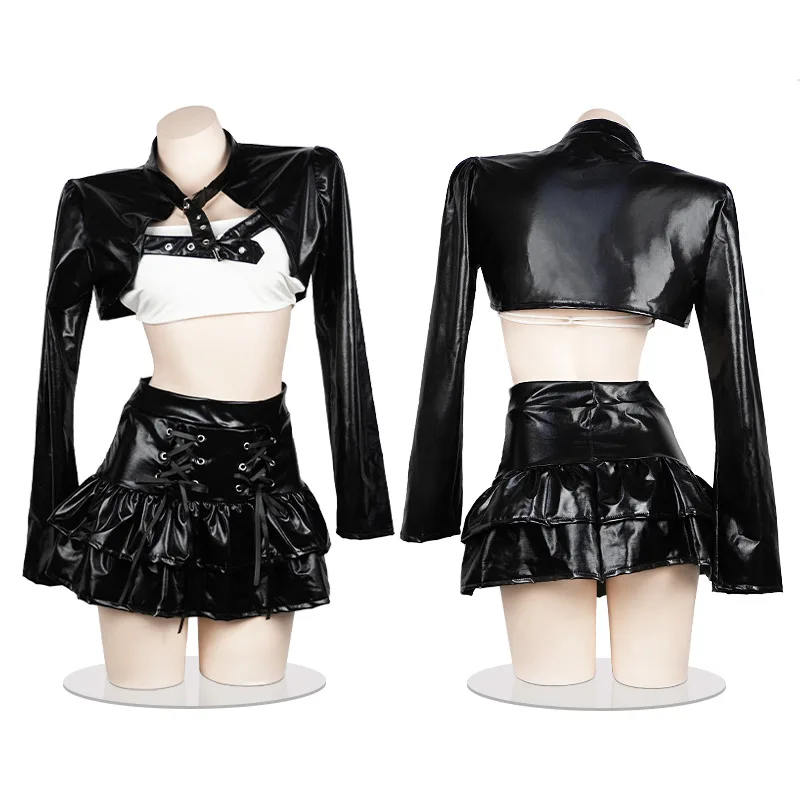 Halloween Ženy Cyberpunk Top krátke sukne Steampunk Kožené šaty Uniforma anime hra Webcam Girl Cosplay čierny kostým outfit