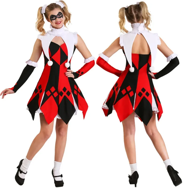 Halloween Ženy klaun Harley kostým zlý klaun kriminálny Quinn cosplay outfit Circus Clown Fantasia Fancy Dress SD8566