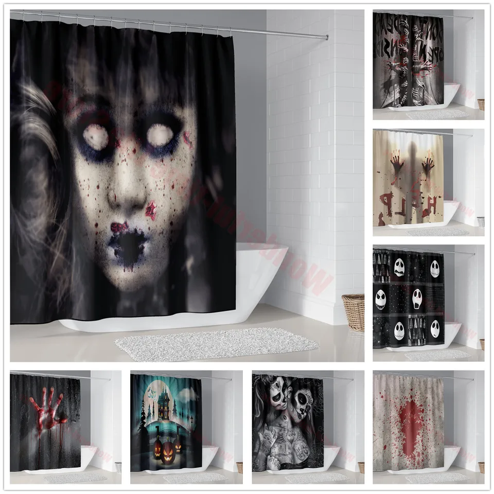 Halloweenská sprchová záclona Horor krvavé ruky na pery na pery vaňa na kúpeľňu pre dekoráciu v kúpeľni vodotesné tkaniny záclony s 12 háčikmi