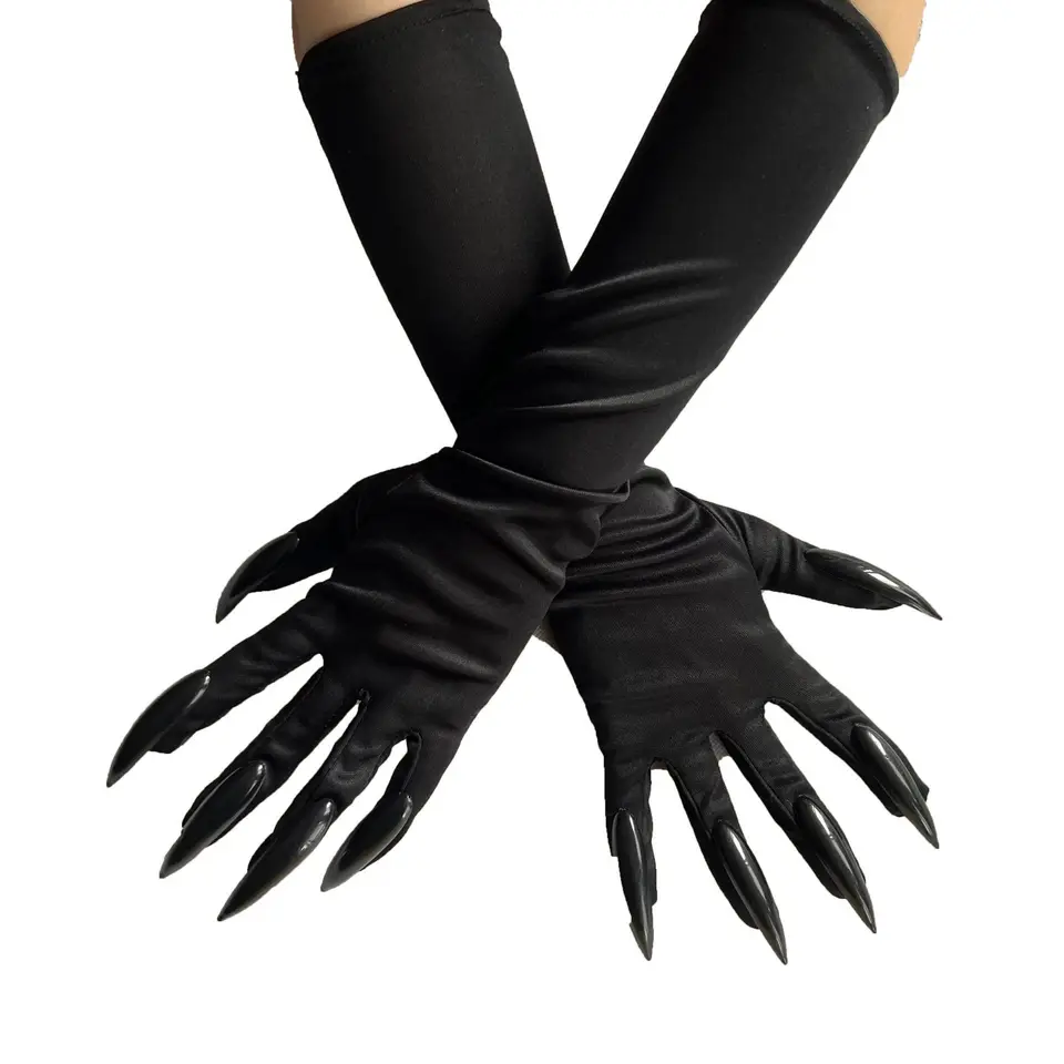 Halloweenské pazúry rukavice čierne flitry nechty dutiny Party Cosplay prop župan diabol ghost čarodejnica dlhé nechtové rukavice
