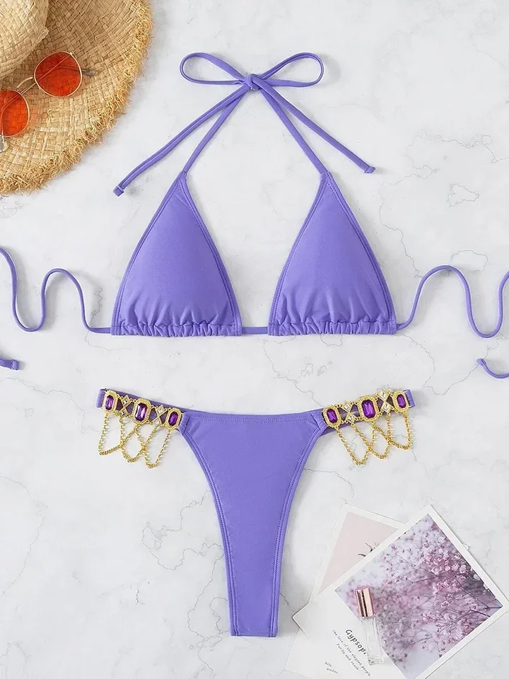 Halter Metal Chains Diamond Bikini Dámske plavky Žena tangé plavky dva kusy bikiny súpravy Mini Micro plaviek oblečenie plávať