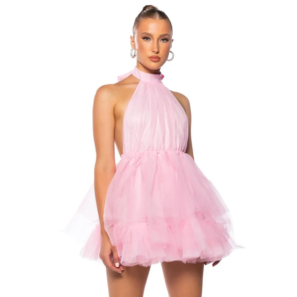 Halter Mini Dĺžka večierka na mieru vyrobená svetlo ružová otvorená chrbát Casy Woman Clothes Ever Pretty vrstvené tylové kokteilové šaty