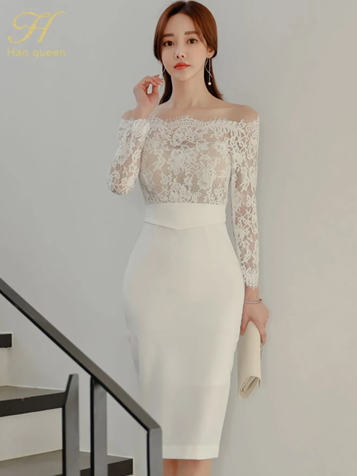 Han Queen Hot Sale Black/Biela Patchwork Lace Dress Dámske dutiny z plášťa Bodycon šaty elegantné sexy párty ceruzky Vestidos