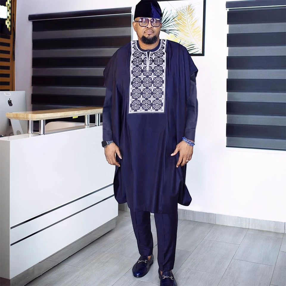 H&D African Suit for Men Rouch košele nohavice Nastavené vrcholy s dlhým rukávom výšivky agbada oblečenie Blue Africain Homme Tradičné rúcho
