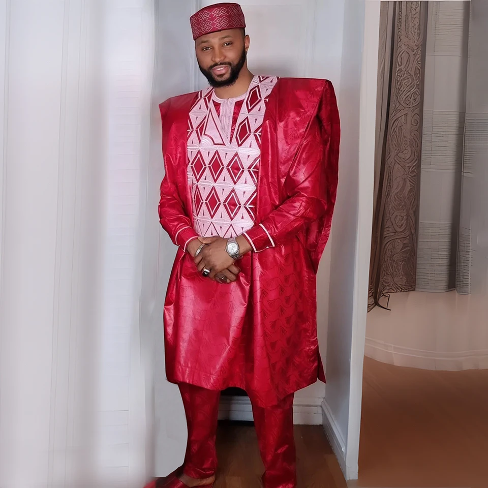 H&D African Tradičné opotrebenie Formálne odevy Bazin Riche Dashiki Outfits Red Tirlk Pants for Men Lovesovca oblečenie Ramadan