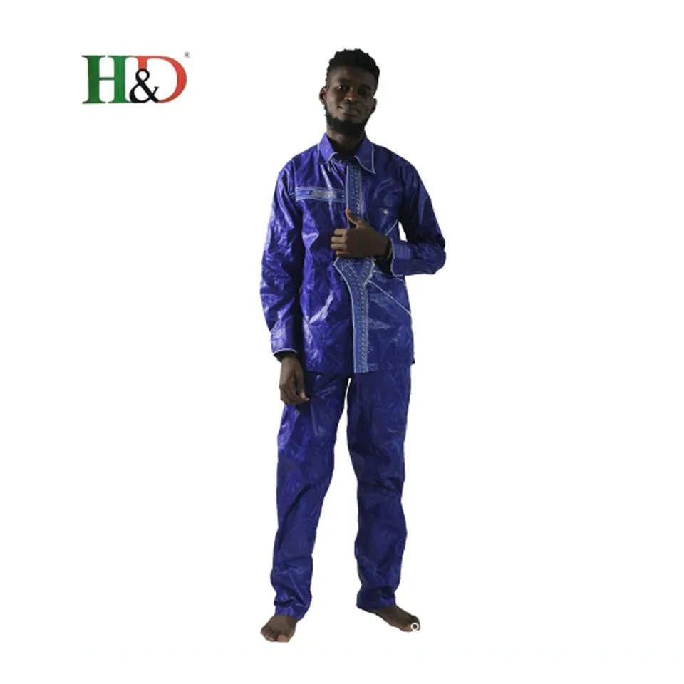 H&D africké pánske oblečenie Tradičné Ankara Dashiki Men košele výšivky 2 kusové košele nohavice módne tlač bazin modrá