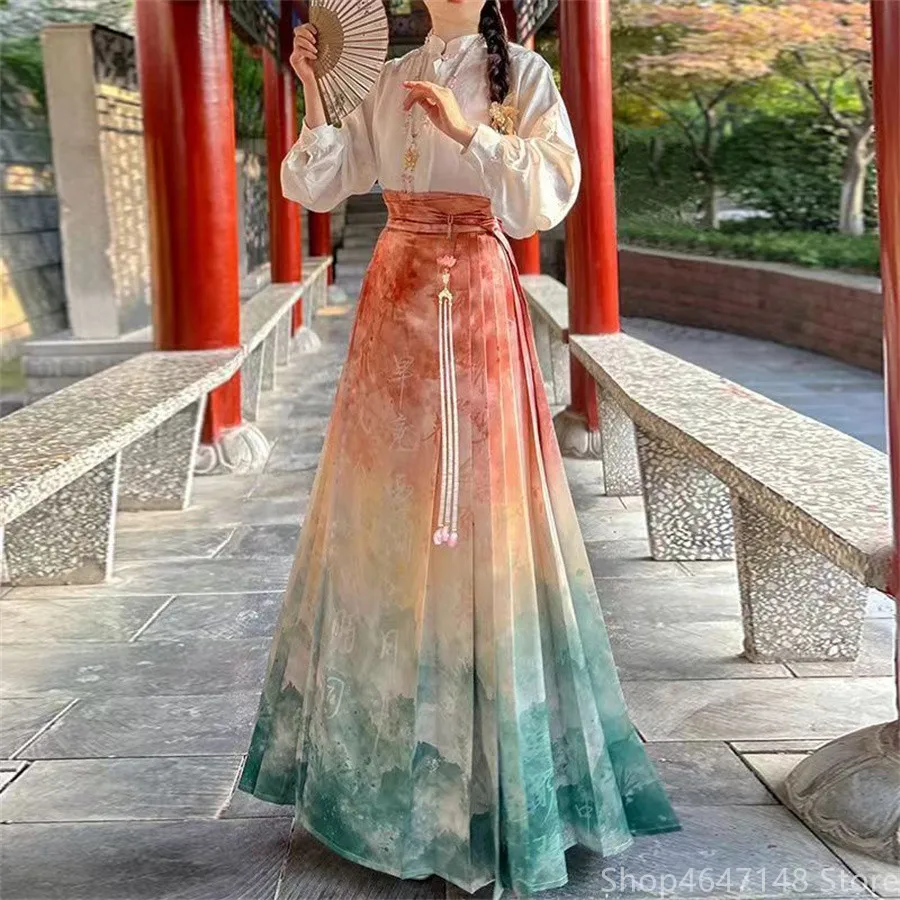 Hanfu Horse Face sukňa čínska blúzka Hanfu + červená modrá ma mian sukňa Čínske oblečenie Ženy Moderné Ming Hanfu