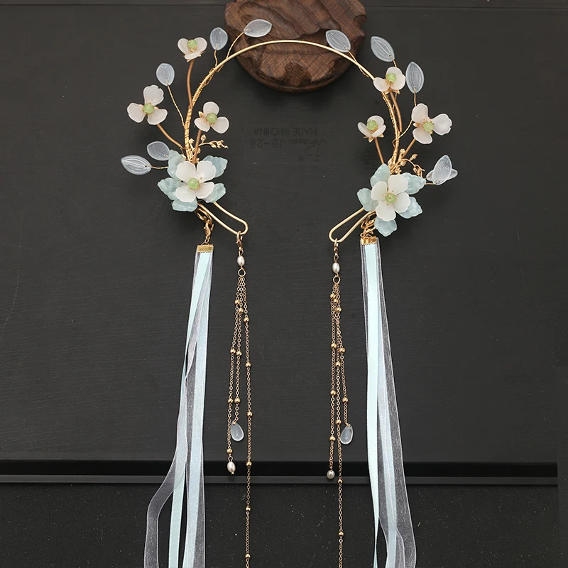 Hanfu Virgin Halo Halo Headdress Tassel Buyao čelenka Koruna Antique Hair Accessory Ornament