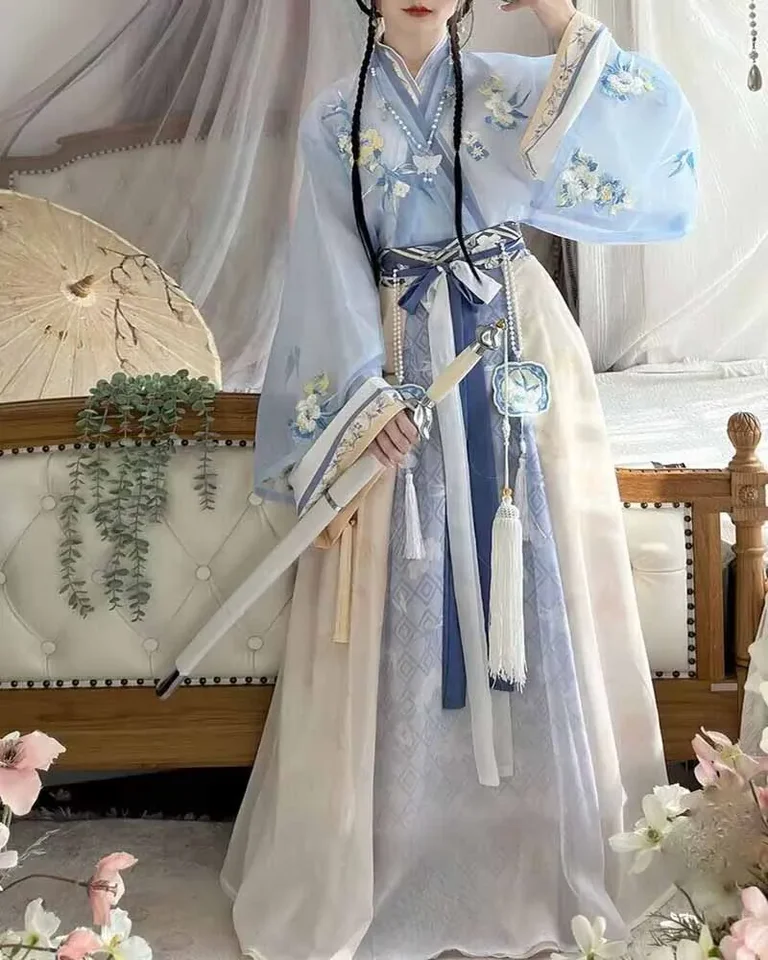 Hanfu šaty Ženy Staroveký čínsky tradičný tradičný hanfu ženský kostým víly 2023 letné modré a biele šaty hanfu plus veľkosť xl