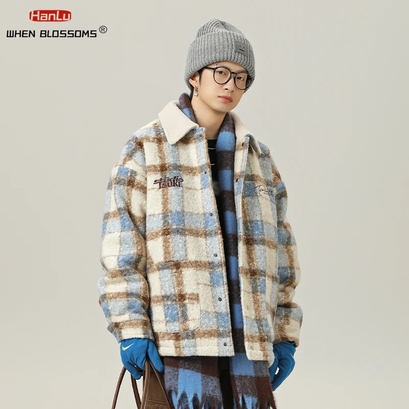 Hanlu značka Vintage Stripe Fleece Jackets Zimné teplé vlnené kabáty Streetwear Ženy Ženy lemované kockované bunda harajuku móda