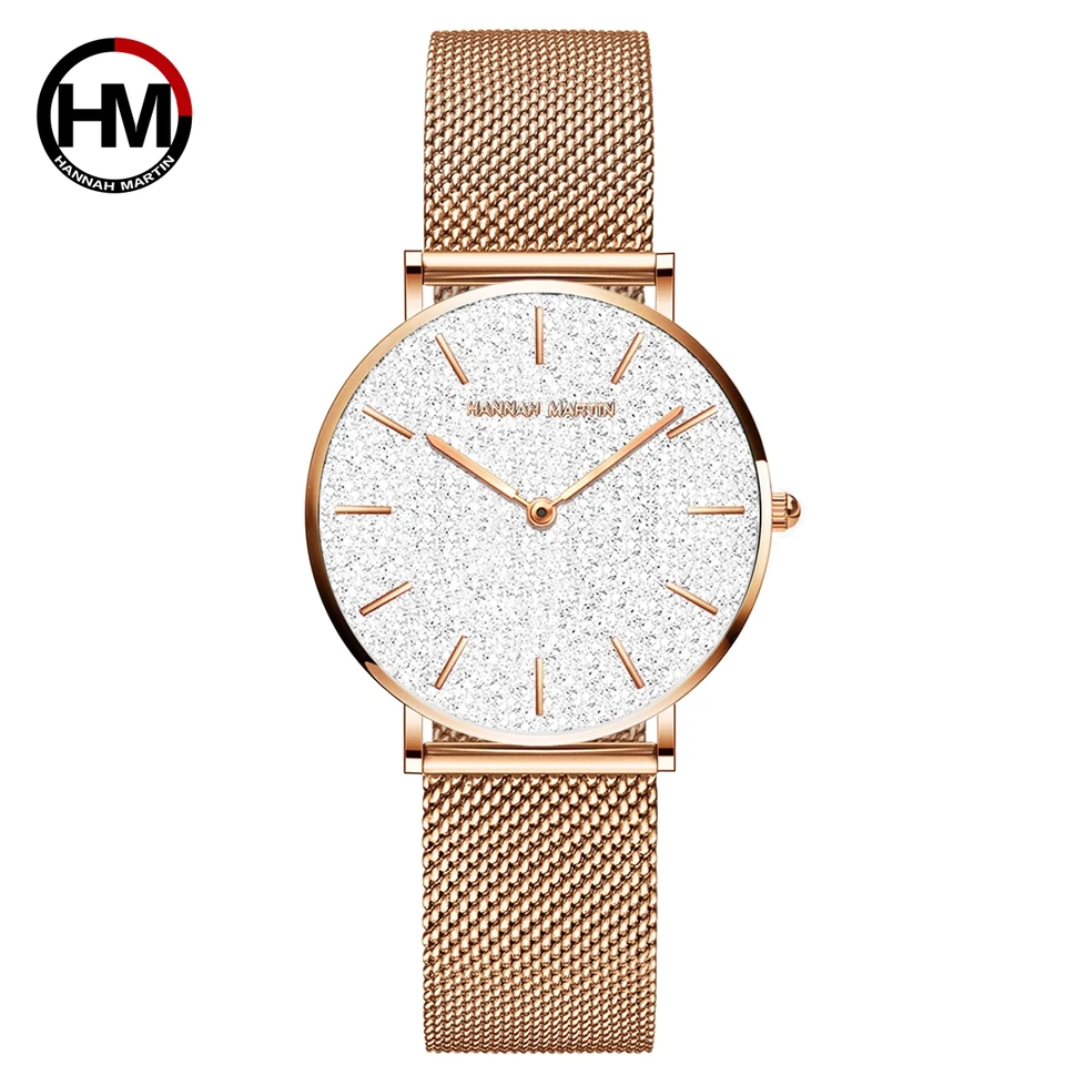 Hannah Martin New Classic Design Women Women Full Rose Gold Castless Comple When Žena Japonsko Quartz Príležitostné vodotesné dámy hodinky