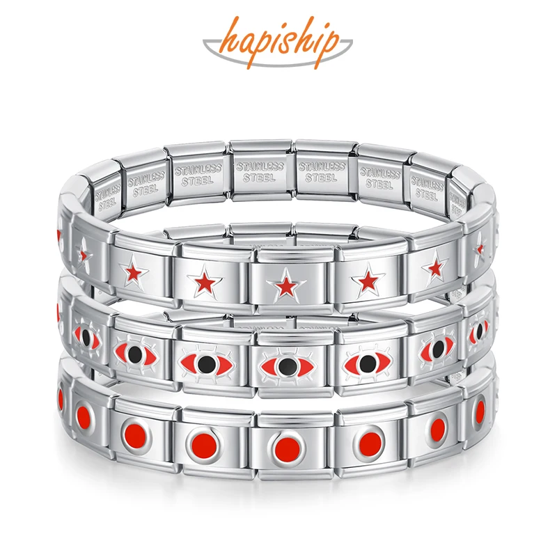 Hapiship 2024 Dámsky 9 mm itanlian Elastic Red Heart Round Star Crown Crown Charms módna nehrdzavejúca oceľ náramok darček G126