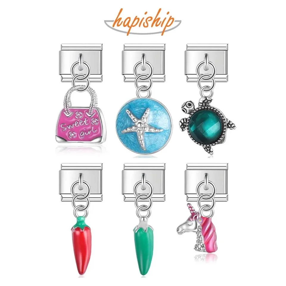 Hapiship Fashion 2023 Nové korenie Unicorn Turtle Charm Talianske spojenia Fit 9 mm z nehrdzavejúcej ocele Náramok DIY výroba šperkov DJ653