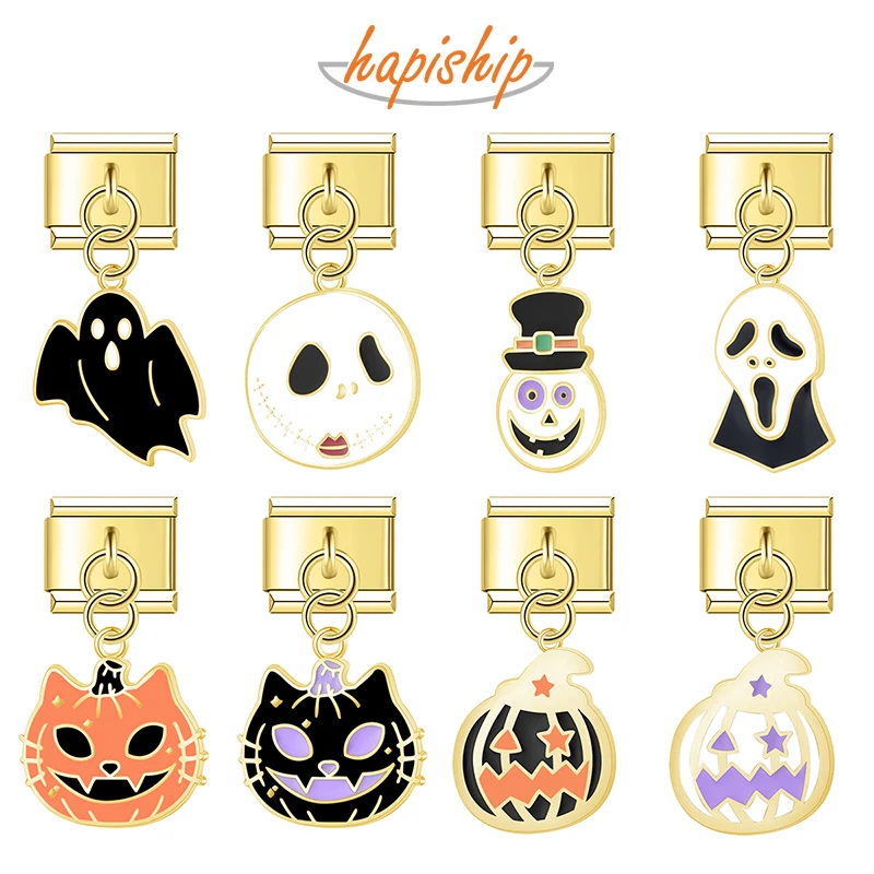 Hapiship nová zlatá farba glazúry Halloween Pumpkin Cross Talian Links Charm Fit 9mm náramok z nehrdzavejúcej ocele šperky DJ1405
