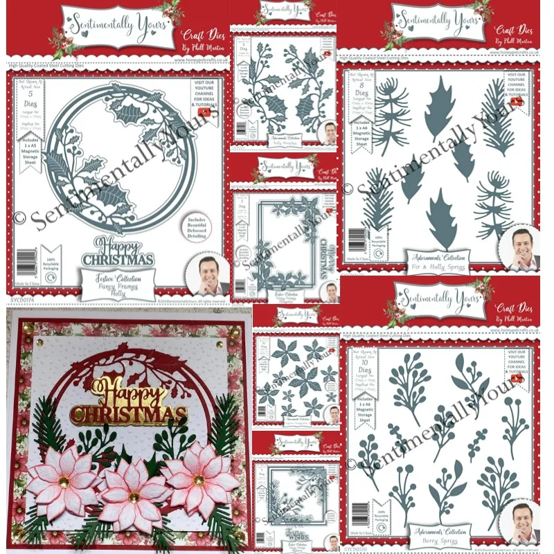 Happy Christma Berry Sprigs Poinsettias Holly Branches Fancy Rámy imelo kovové rezanie zomiera zdobenie reliéfov DIY 2024 Nový