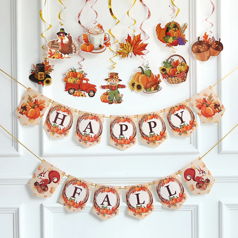 Happy Fall Banner Deň vďakyvzdania Party dekor pumpkin vlajka javor listu farma špirála závesné ozdoby Jeseň