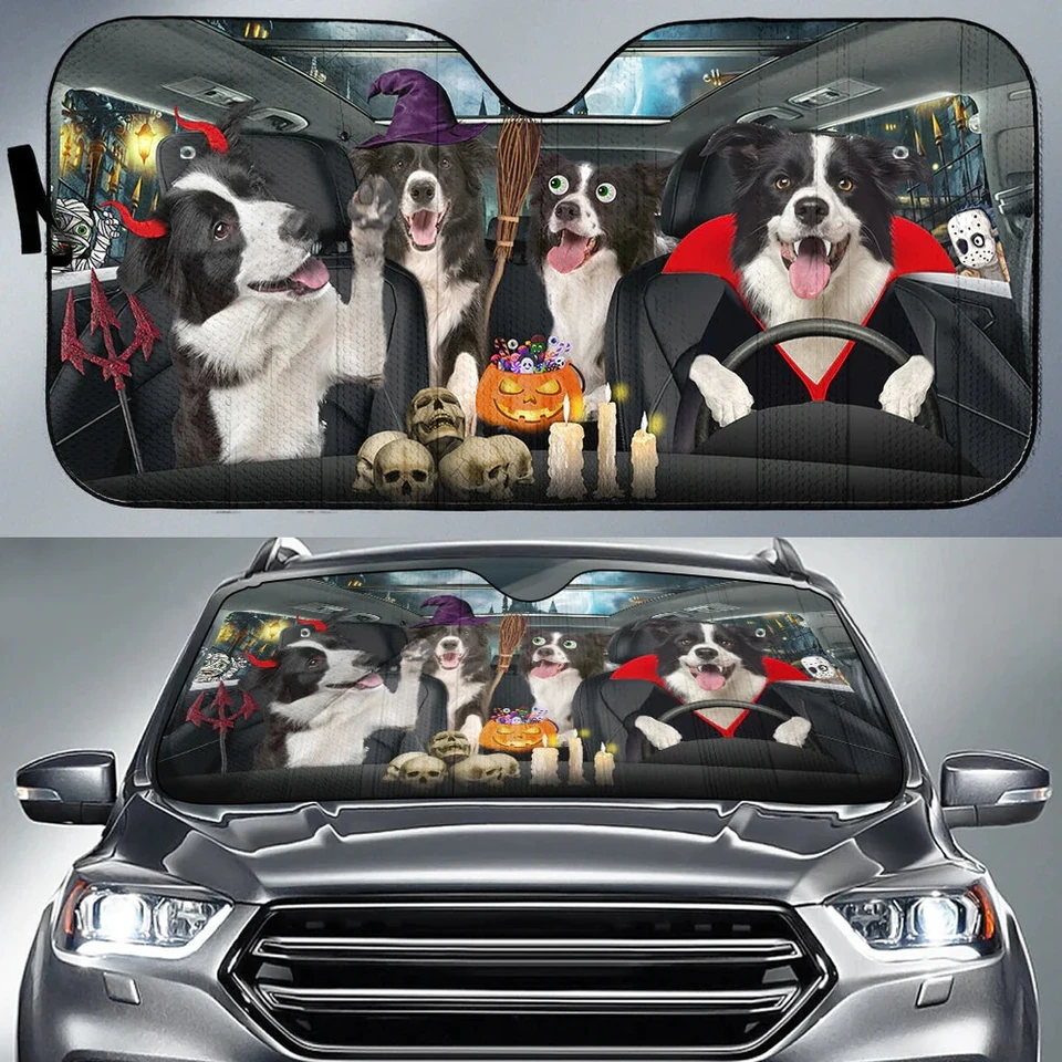 Happy Halloween Border Collie Car 3D tlačený slnečný tieň Auto slnečný tieň pre automobilové dekorácie čelné sklo Sunshade, bloky UV lúče slnka