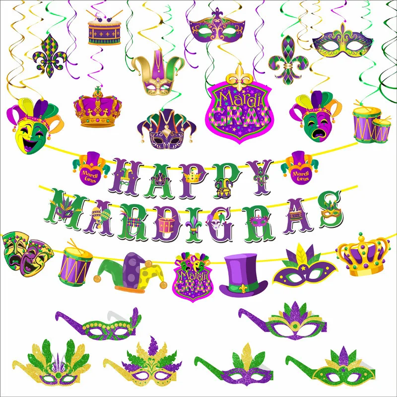 Happy Mardi Gras Téma Party Pozadie Banner Špirálové vešiaky papierové okuliare Fotografie rekvizity pre dekoráciu party Mardi gras