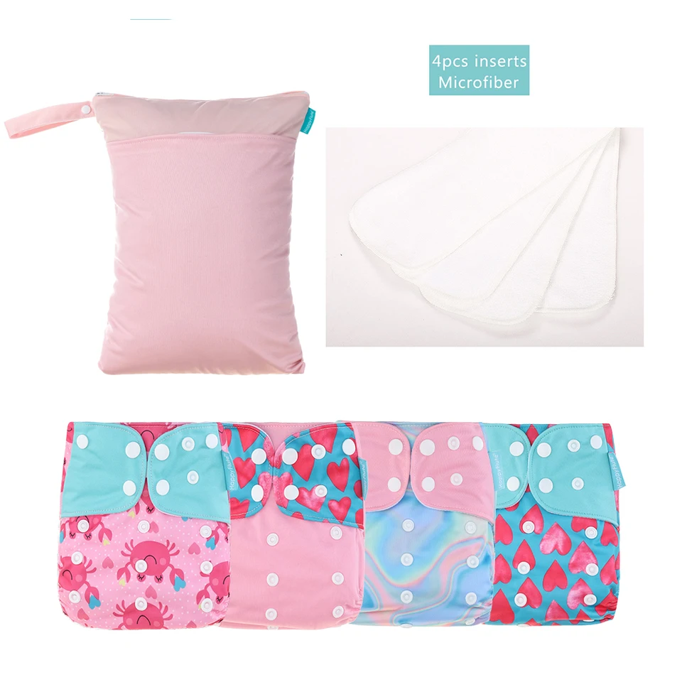 Happyflute 3-15 kg 4ks vrecková plienka+4ks vložka s mokrou v kabelke a opakovane použiteľné absorpčné ekologické nastaviteľné detské plienky