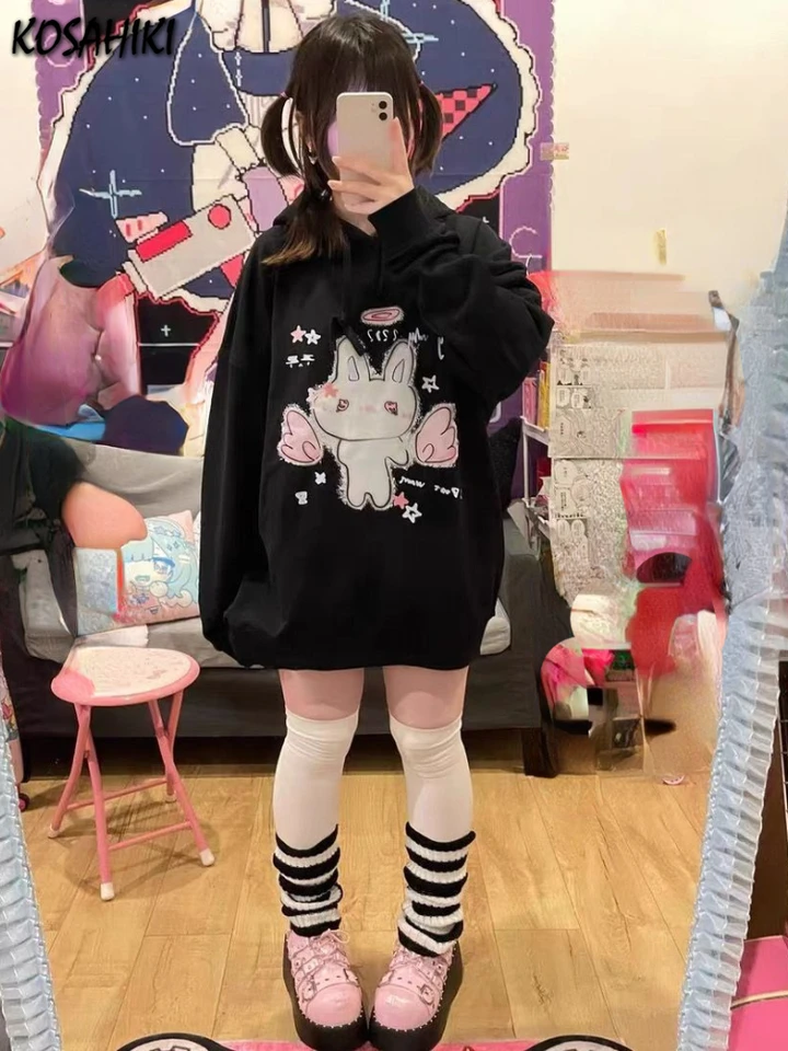 Harajuku Cartoon tlačové mikiny Ženy y2k estetické kawaii voľné čierne šnúrky na šnúrke grunge vreckové mikiny