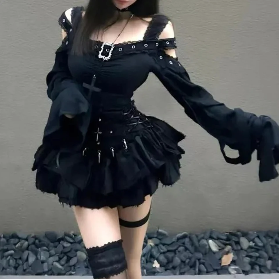 Harajuku Dva kusové súpravy Y2K oblečenie Ženy z tričiek s golierom na ramene High Was A-Line Mini sukne obleky japonské oblečenie
