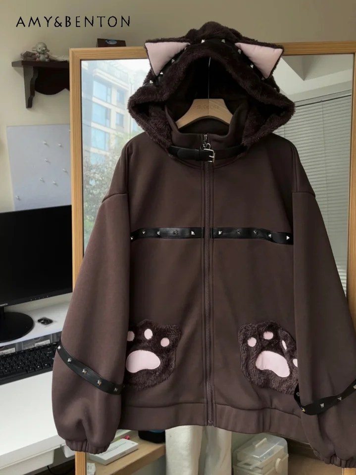 Harajuku gotické roztomilé mačacie uši s kapucňou Cat Claw vrecko fleece bunda Ženy subkultúra sladké chladné nadmerné zahusťované kabáty Študenti