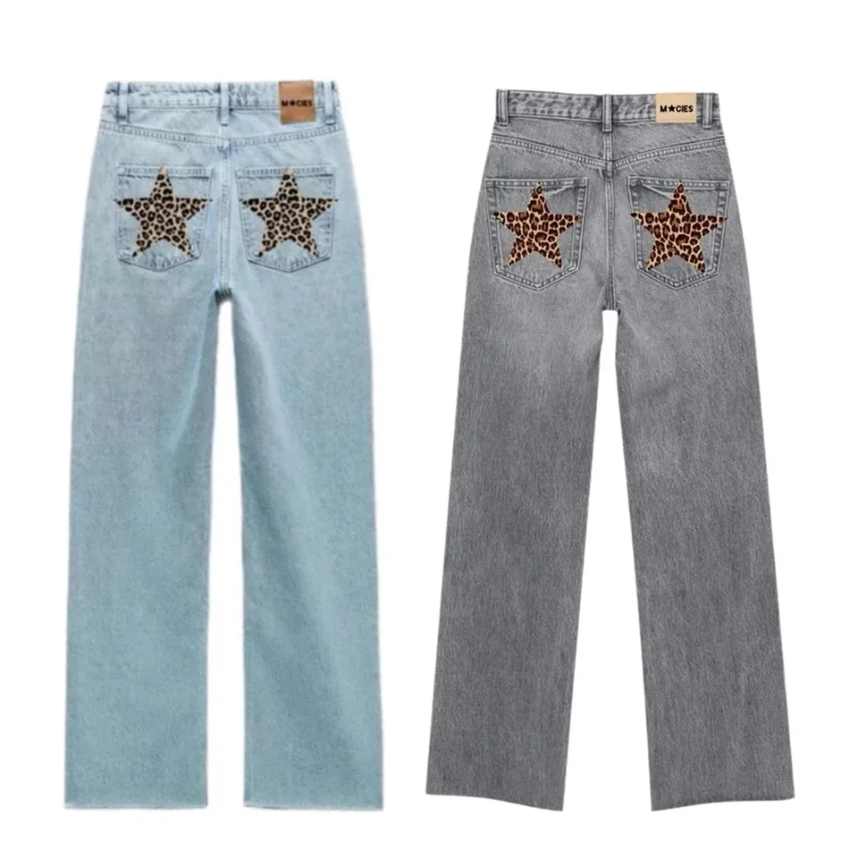 Harajuku Hip Hop Leopard Five Sointed Star Jeans y2k výšivka dámske americké retro retro modré džínsy s vysokým pásom Slim Pants