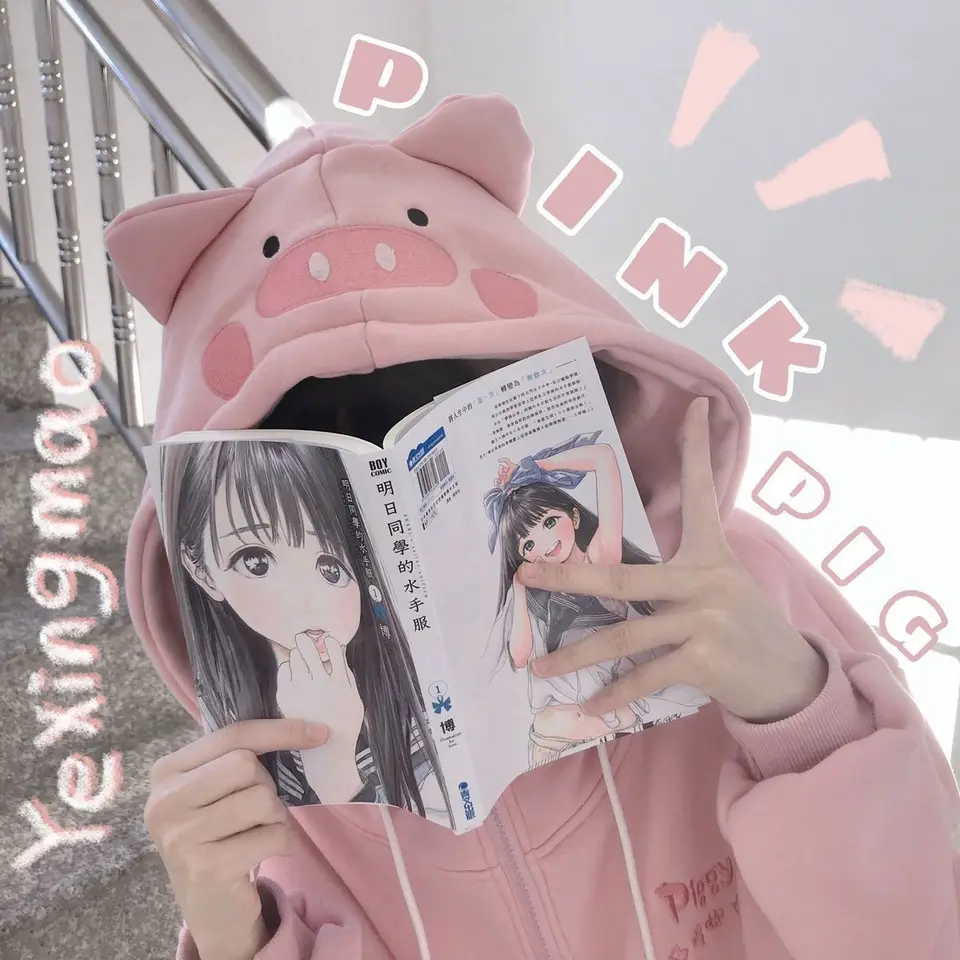 Harajuku kawaii ružové zipsové mikiny Ženy Kórejské móda sladké roztomilé výšivkové mikina nadmerne veľtrhová Lolita bunda